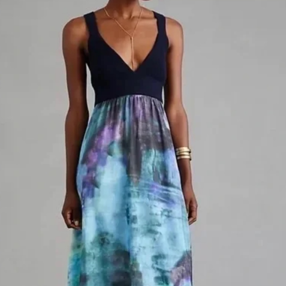 Beautiful Anthro Maxi dress Twofer, Navy and watercolor, M NWT!!